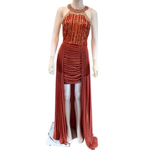 ELISABETTA FRANCHI Women's Red Embellished Pleated Maxi Gown - Size 42