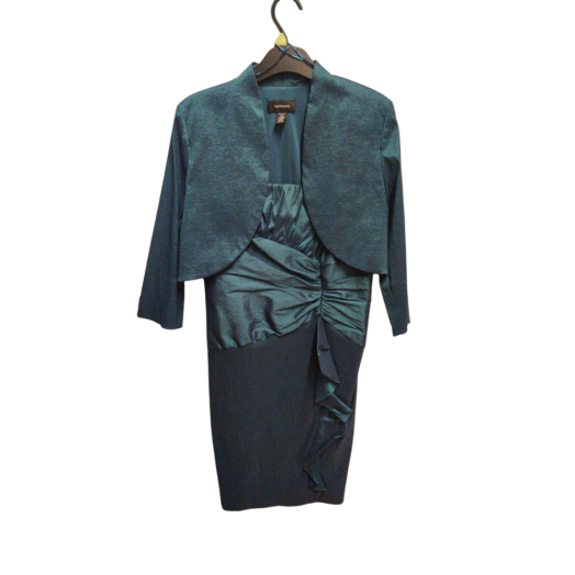 R/M Richards Dress Size 10 Teal Peplum Jacket Medium Sleeves Inner Two Strap Shoulders Ruched Detail Rear Zip Fastening Pencil